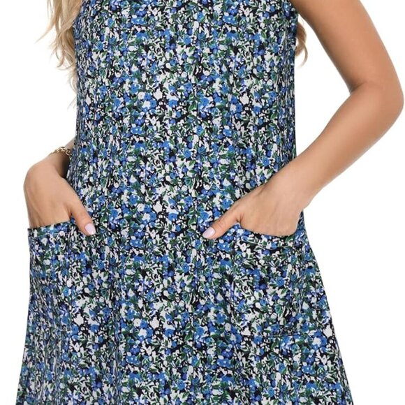 Womens Summer Cotton Blend Dress V Neck Sleeveless Pockets Beach Casual - Picture 3 of 7